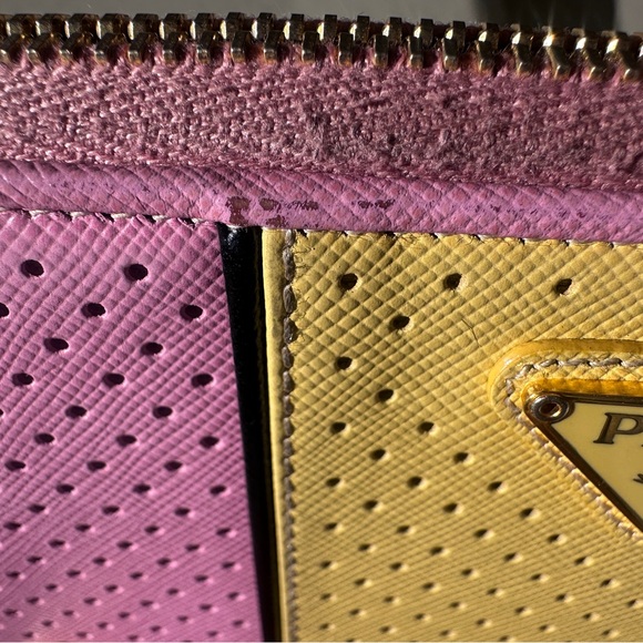 PRADA Pink Yellow Perforated Saffiano Zip Around Wallet - Picture 11 of 11